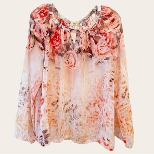🩷 Jennifer Lopez Floral Chiffon Blouse – Romantic Ombre Roses – Size L